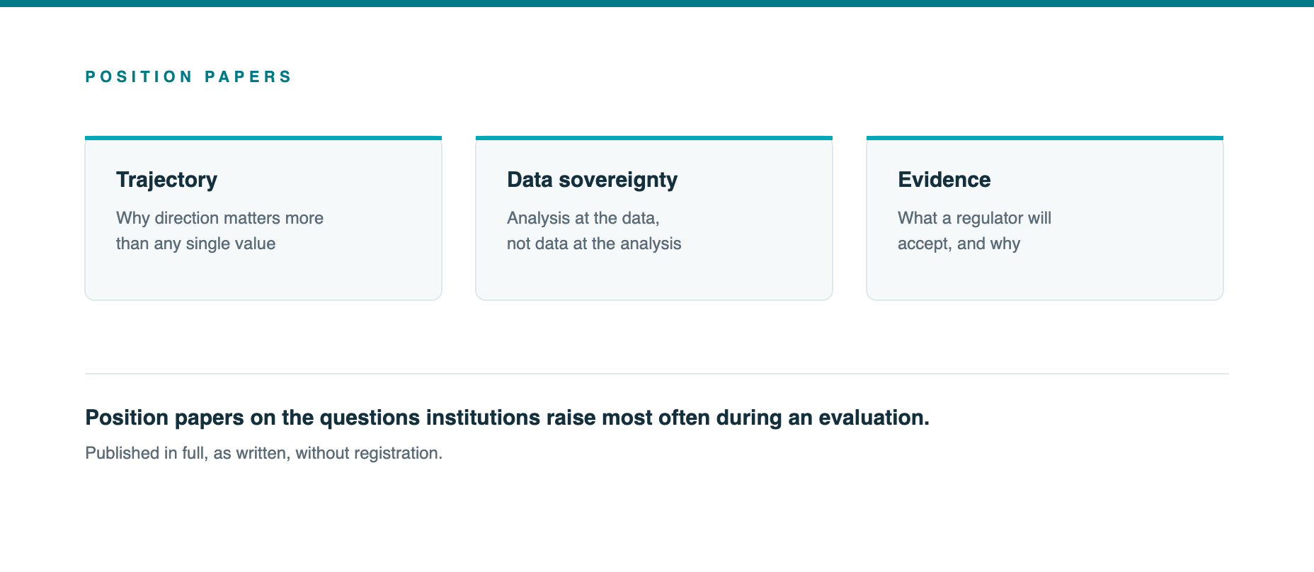 Position papers on trajectory, data sovereignty and evidence standards.