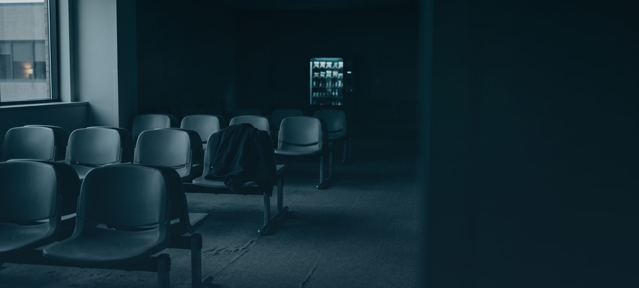 An empty hospital waiting room before dawn, a coat left on one of the chairs.